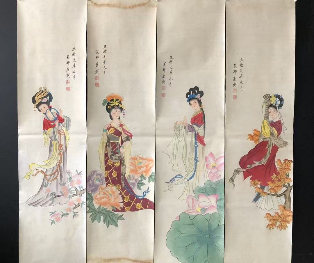 唐寅 仕女図 掛け軸 四尺 手描き 中国美術 絵画 書画 人物画