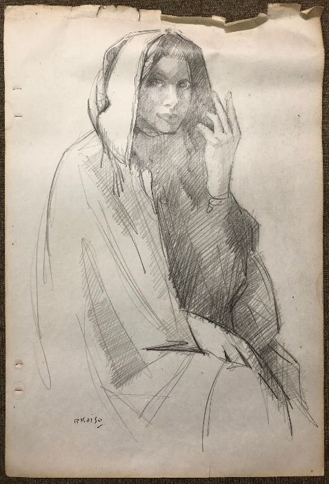 小磯良平 デッサン 鉛筆デッサン画 西洋婦人 約 44cmx 30cm