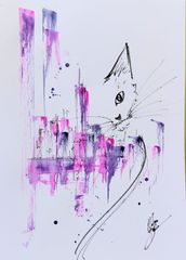 原画#337 黒猫 猫 薔薇 花 青 水彩画 ドローイング インテリア