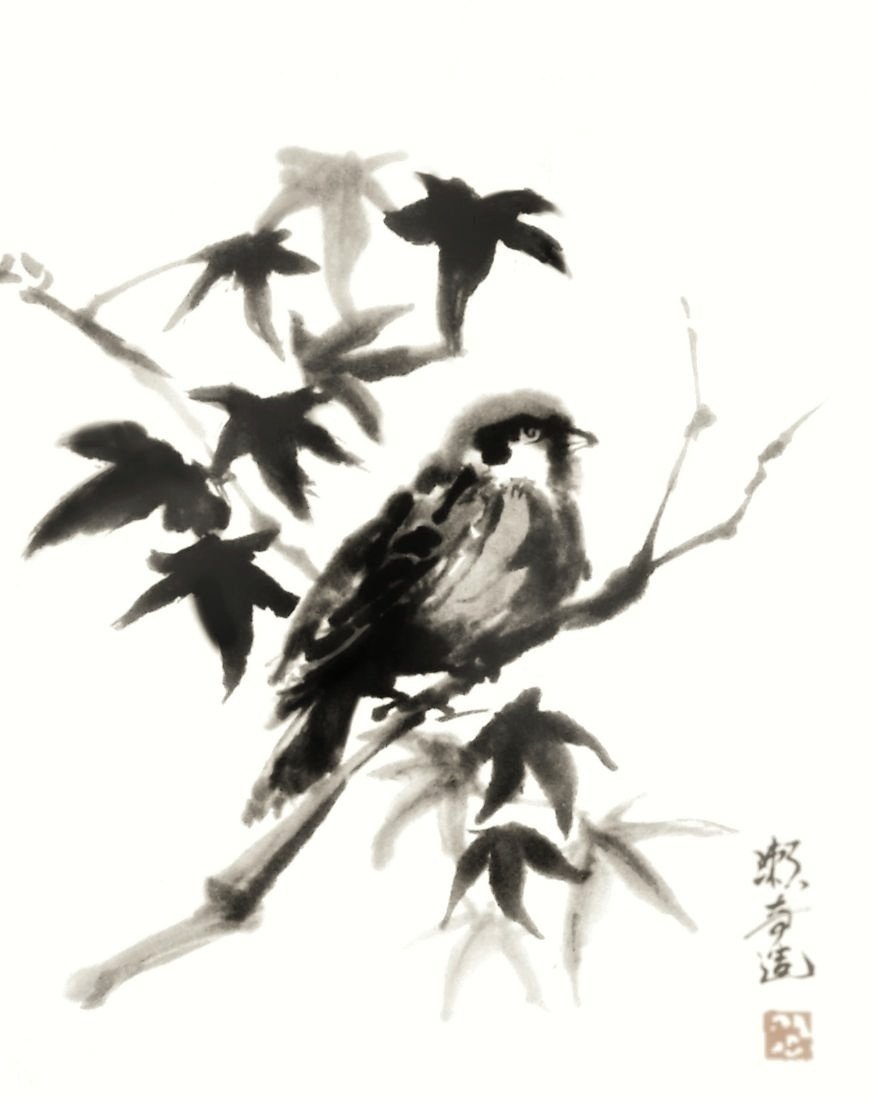 水墨画 椿に雀 冬椿に雀 文化遺産オンライン