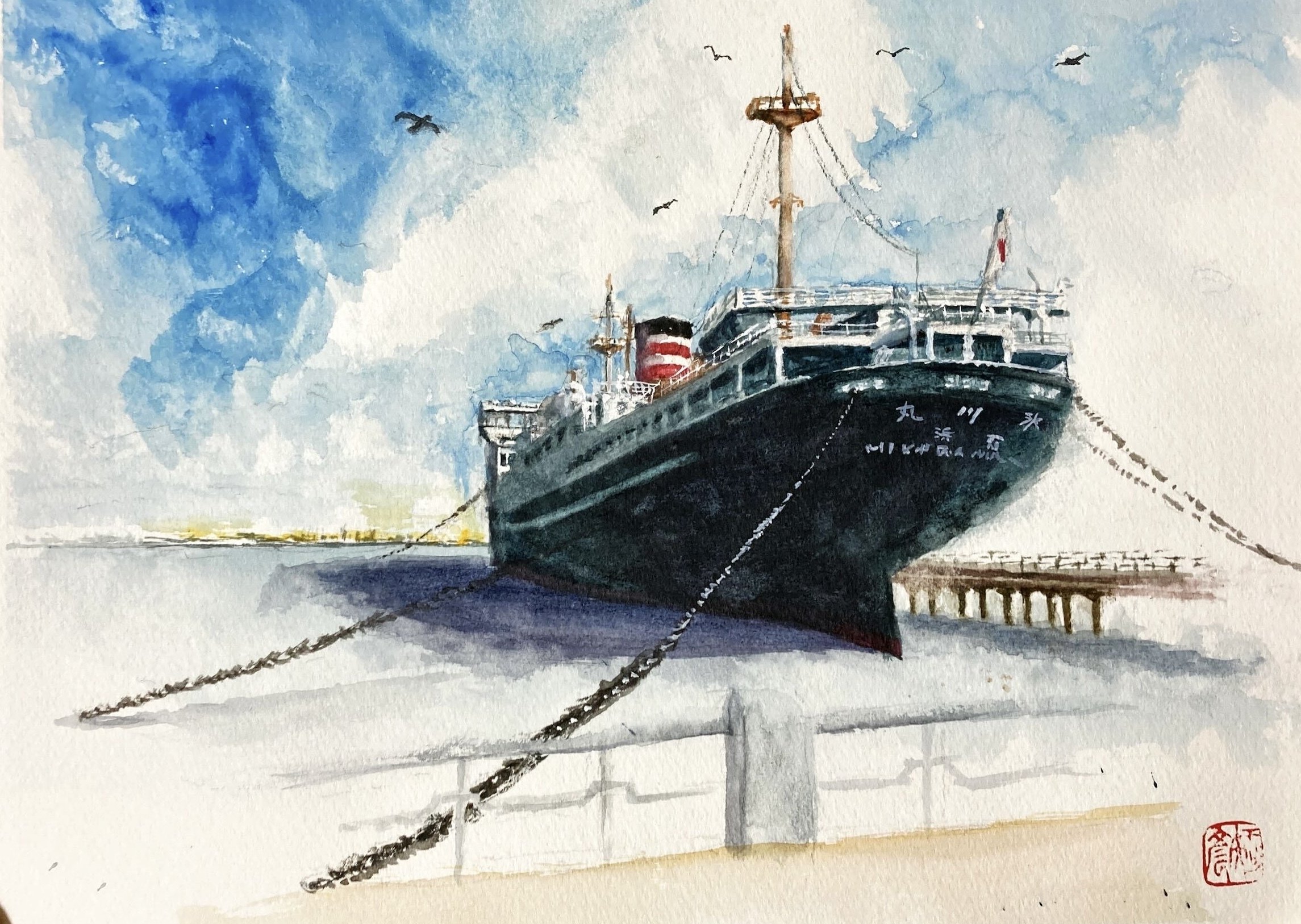 良品】水彩 風景画 東京湾から望む横浜 良品】水彩 風景画 東京湾から