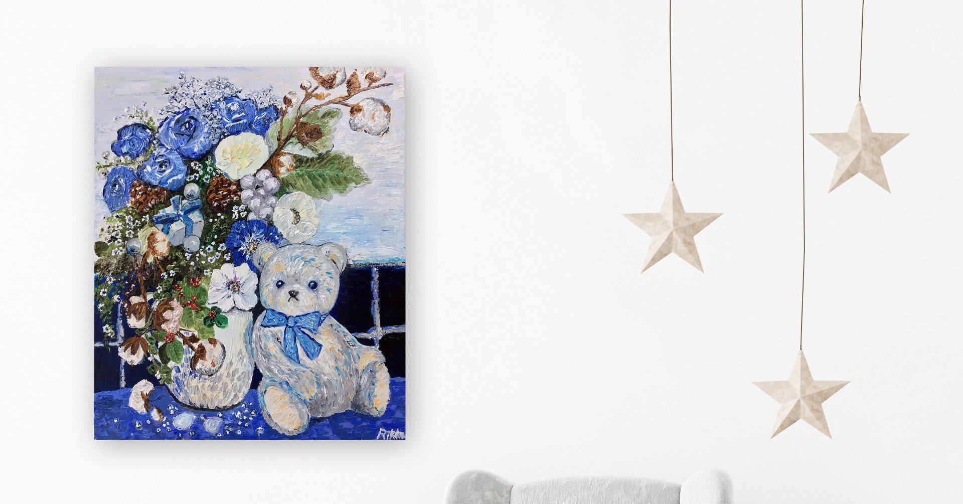 キャンバス油絵 くまちゃん まるまるとした大きいお花 キャンバス油絵