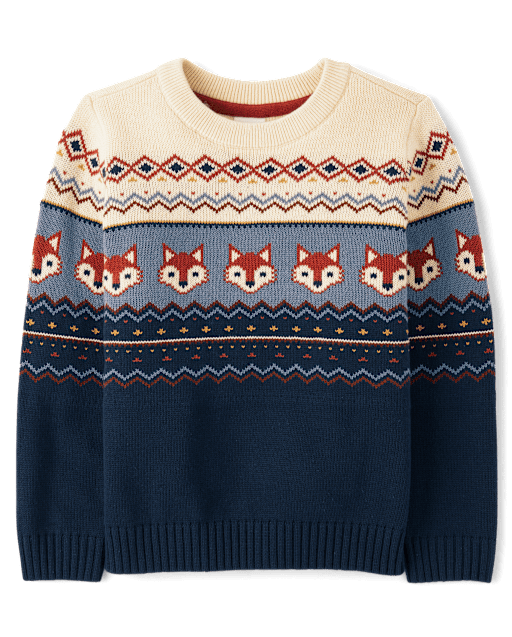 Boys Long Sleeve Fox Fairisle Sweater - Highland Hills - BLUE
