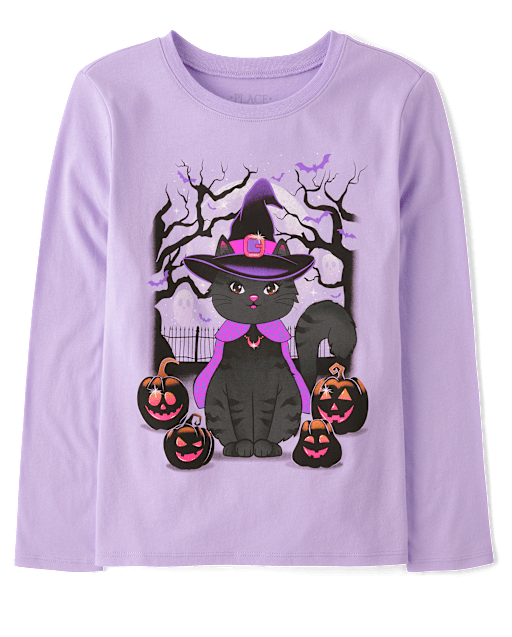 Girls Long Sleeve Witch Cat Graphic Tee - PURPLE | The Children's