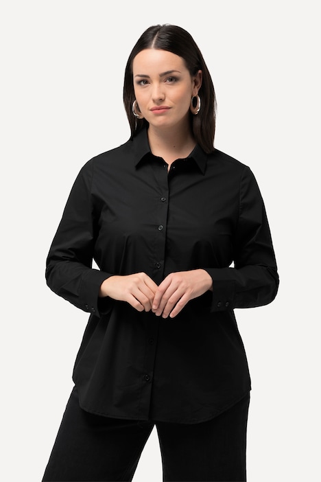 Open Back Button Front Long Sleeve Shirt, black | Ulla Popken