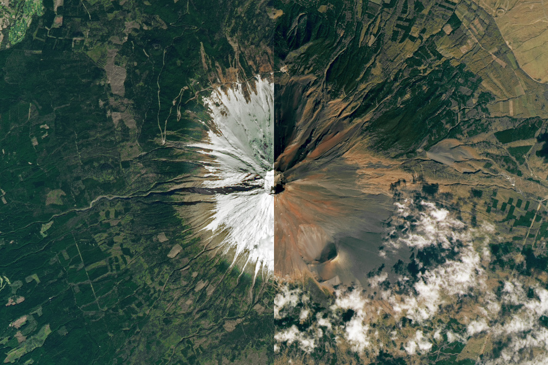 2023年と2024年、ほぼ同じ時期に撮影された雪のある富士山と雪のない
