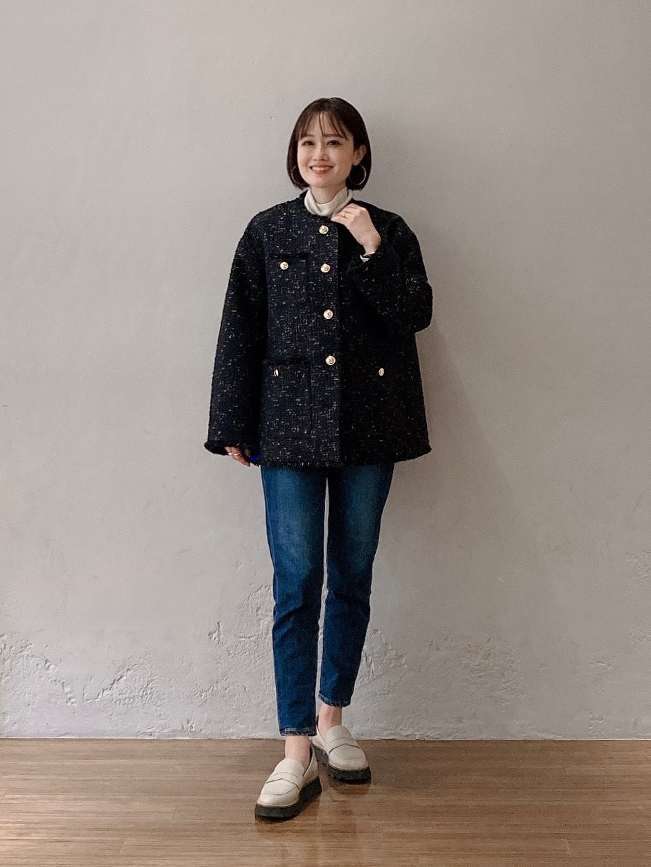 ツイードノーカラージャケット（ラメ糸入り）」の着用コーディネート