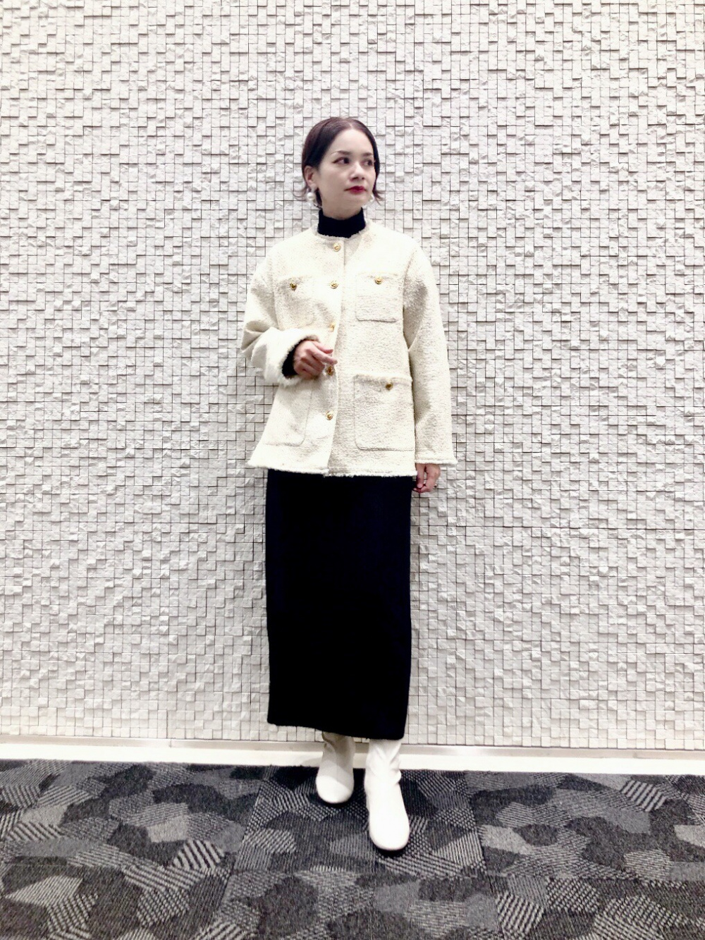 ツイードノーカラージャケット（ラメ糸入り）」の着用コーディネート