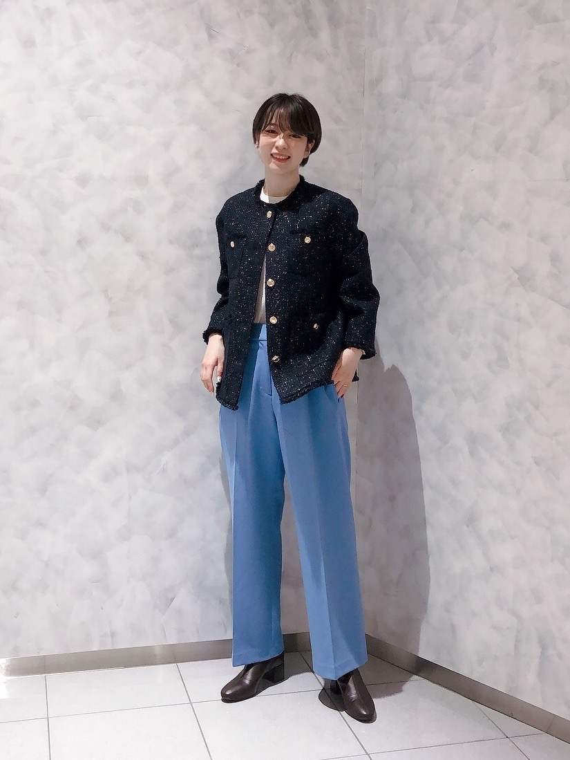 ツイードノーカラージャケット（ラメ糸入り）」の着用コーディネート