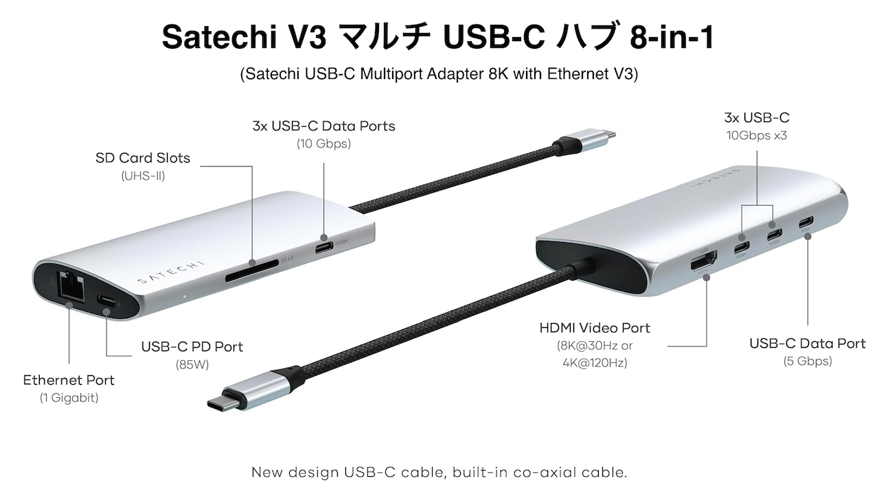 Satechi Japan、4つのUSB-Cや8K30Hz対応のHDMI、Ethernet、UHS-II対応