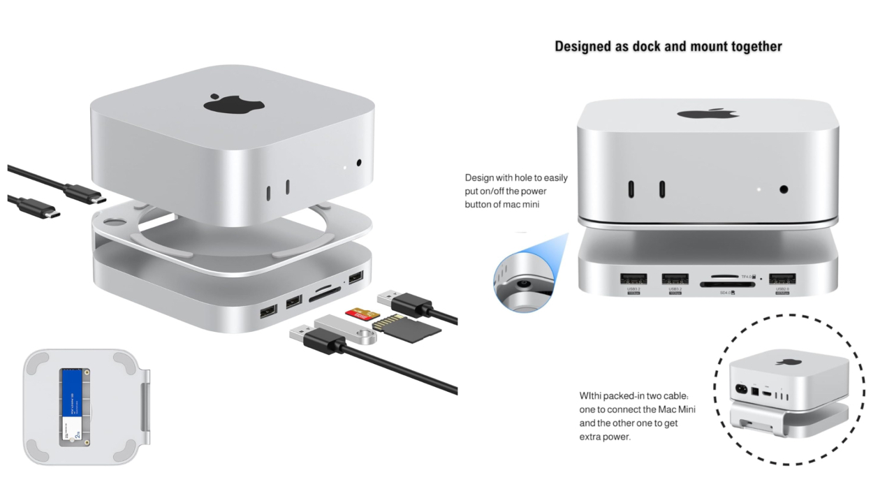 Mac mini (2024)とUSBドックの間をあけることで、エアフローを妨げず