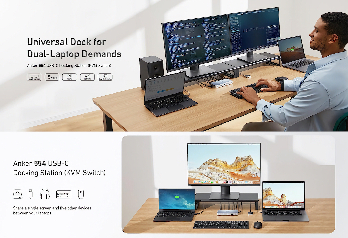 米Anker、ボタン1つで2台のMac/PCからの映像出力とキーボード＆マウス