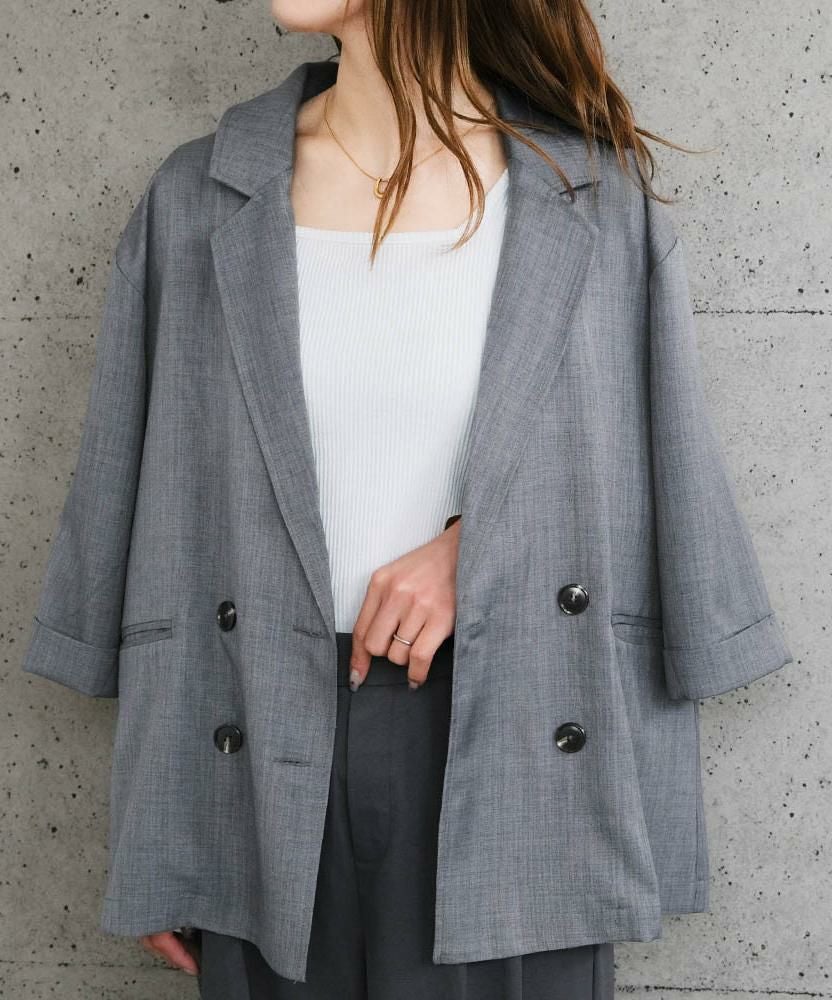 リネンライクダブルブレスト半袖テーラードジャケット 春 夏 秋 M