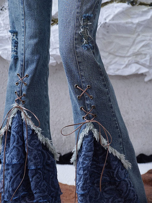 Splicing Lace-Up Flare Jeans – ARCANA ARCHIVE