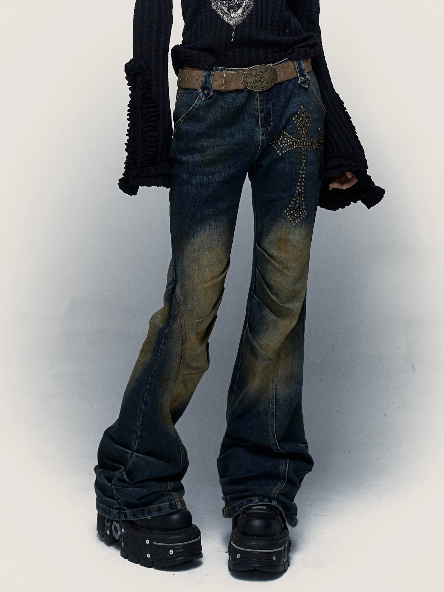 Cross Studs Stretch Washed Distressed Flare Jeans – ARCANA ARCHIVE