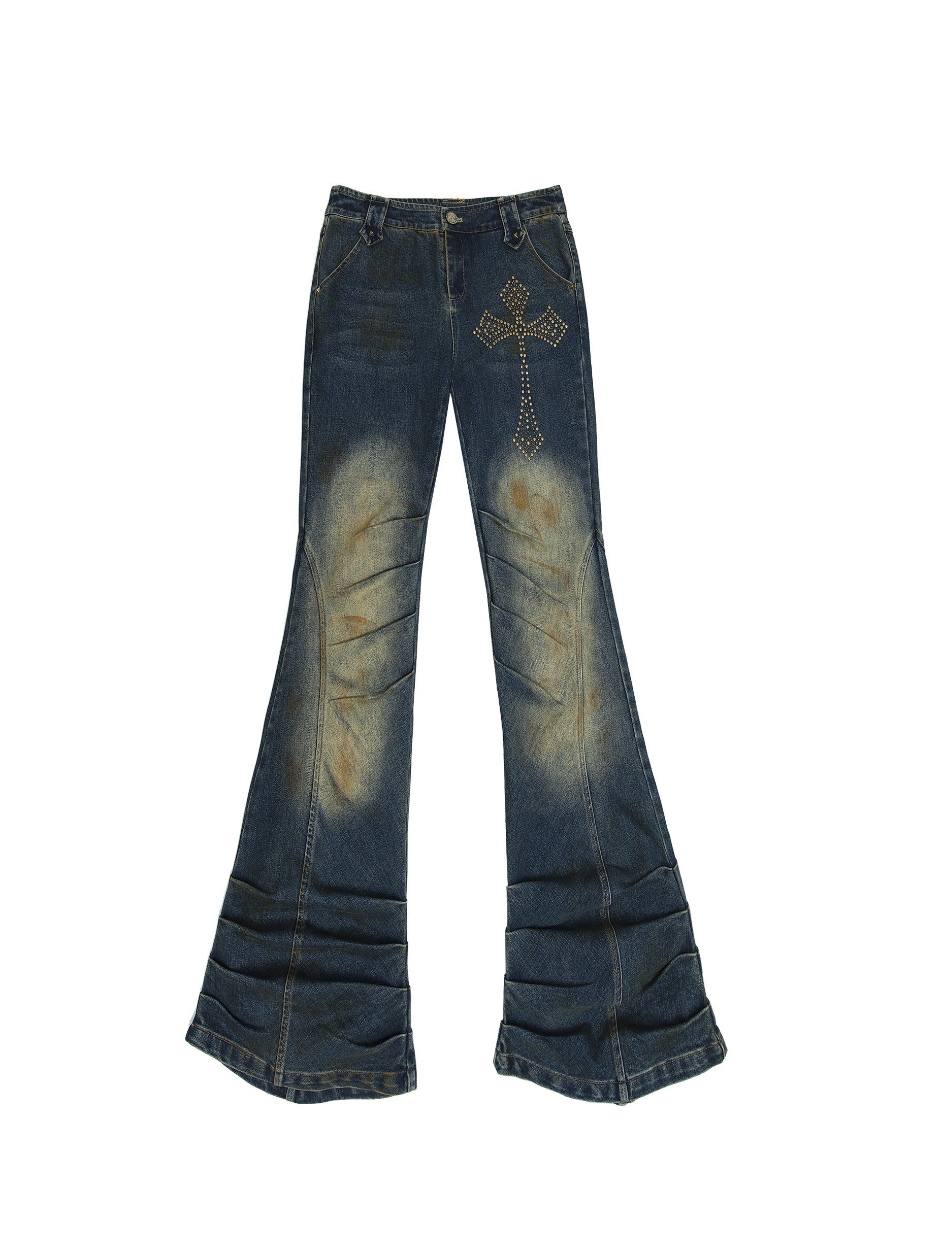 Cross Studs Stretch Washed Distressed Flare Jeans – ARCANA ARCHIVE