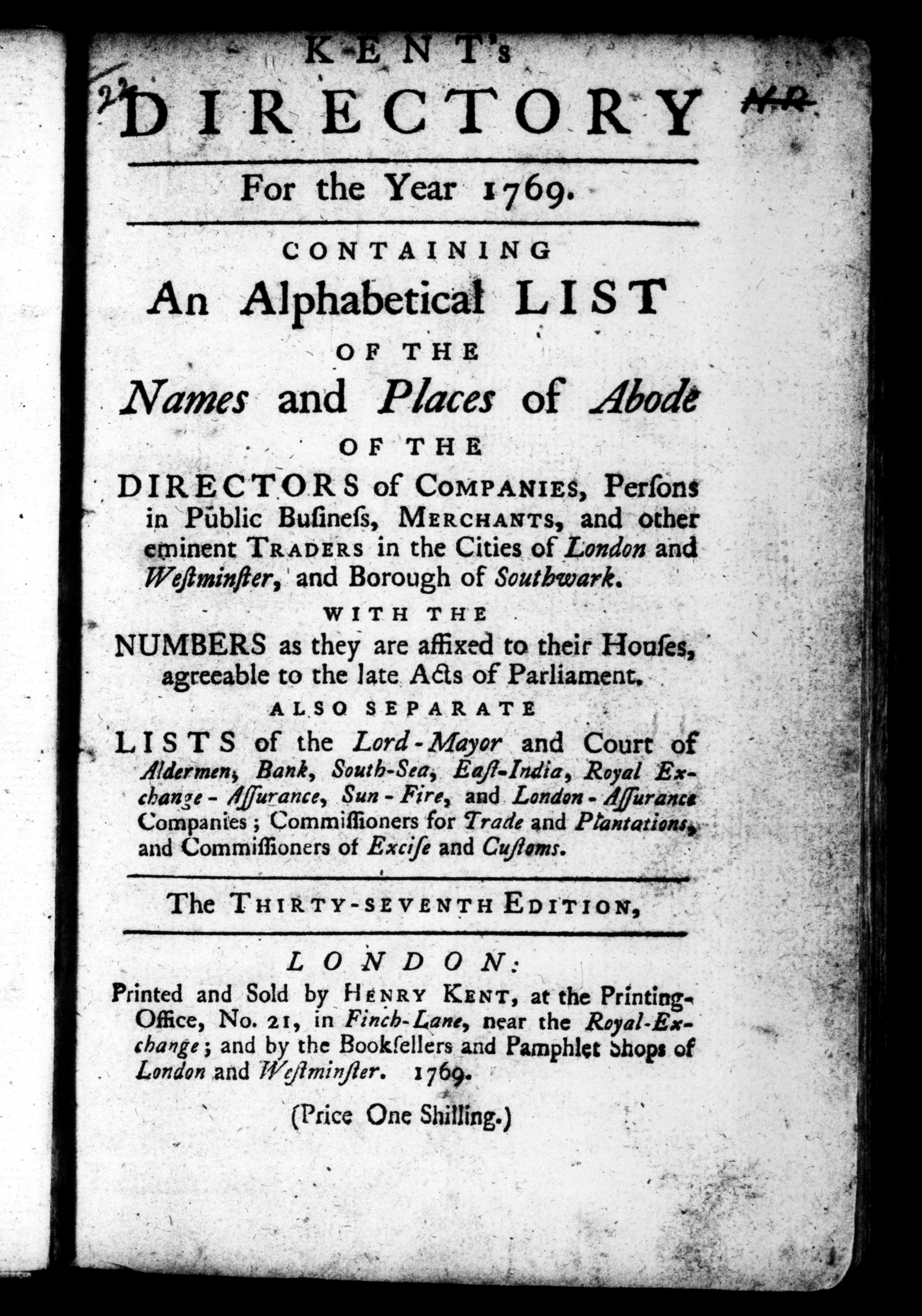 Kent's directory for the year 1769.  1769 : Kent, Henry : Free