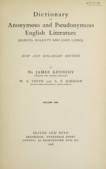 Dictionary of anonymous and pseudonymous English literature