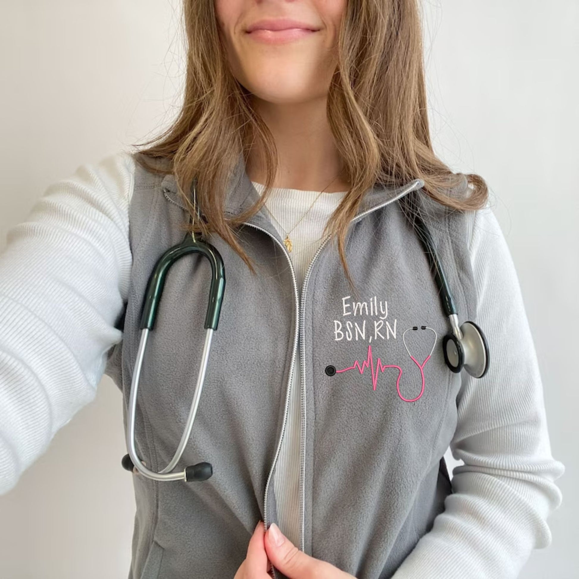 Personalized Embroidered Nurse Stethoscope Heartbeat Fleece Vest | Lad