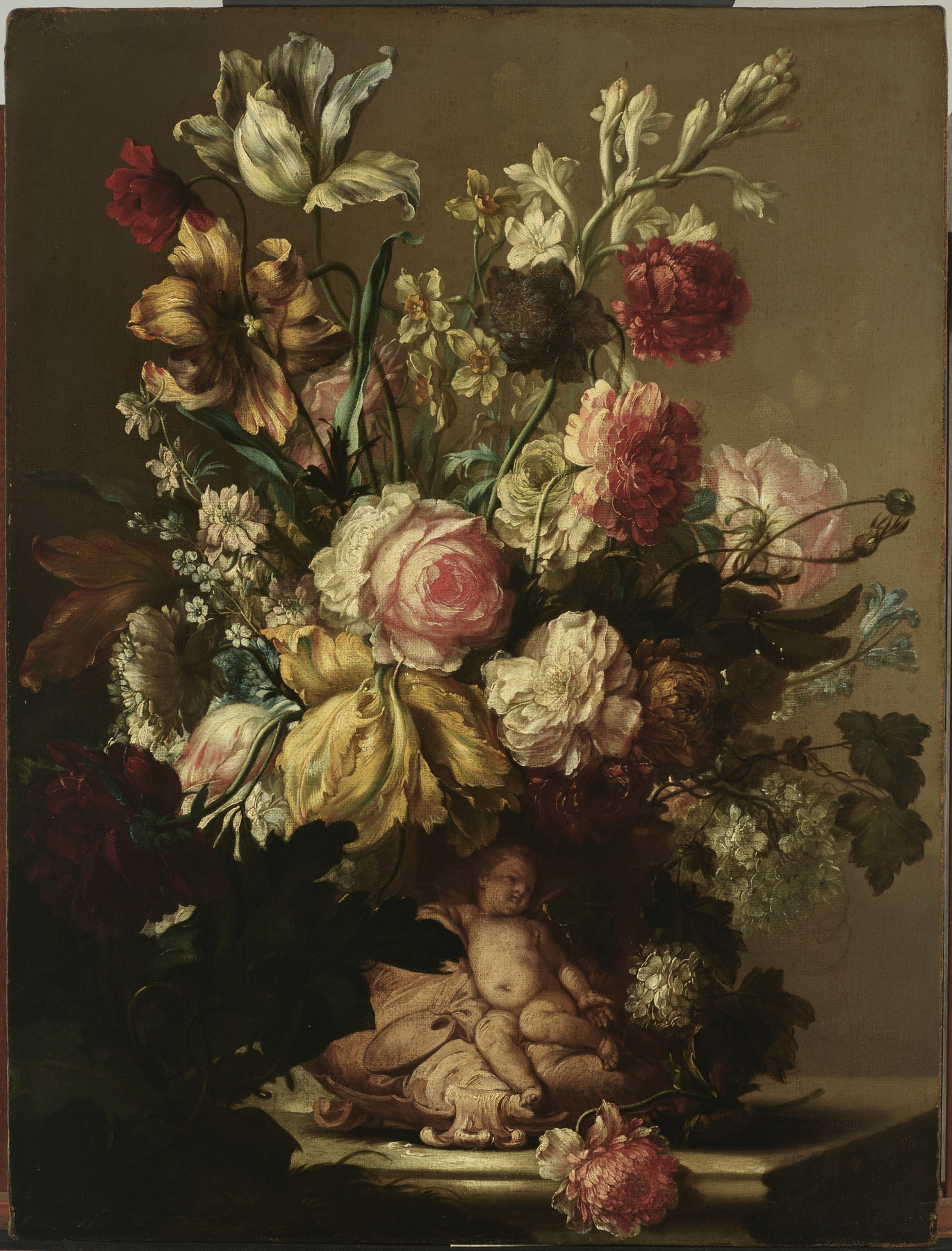 Isabella Peeters, Flowers in a Vase with a Putto, 17th century