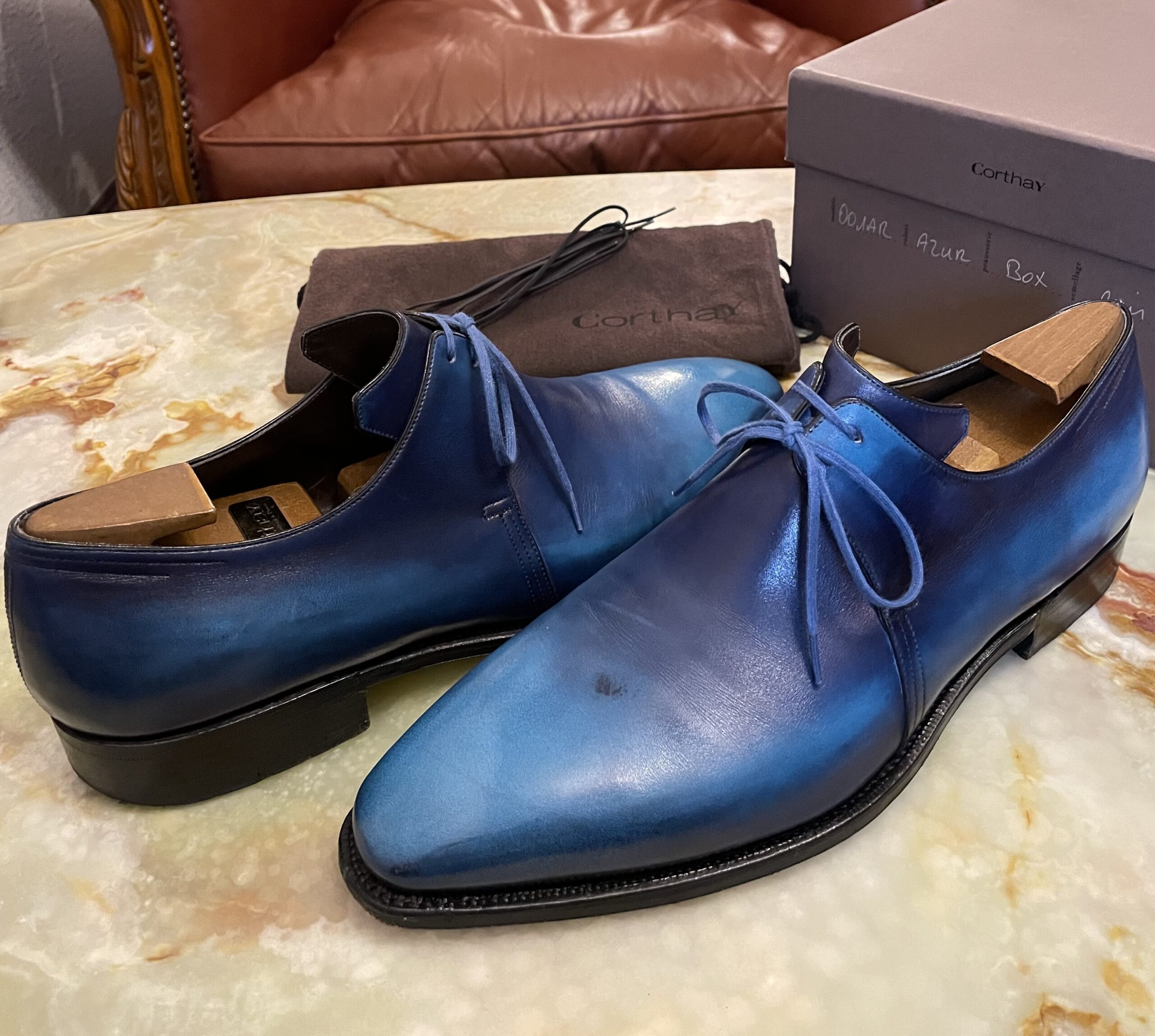 CORTHAY コルテ】外羽根プレーントゥ名作シューズ靴 ARCA 青紺色 7.5