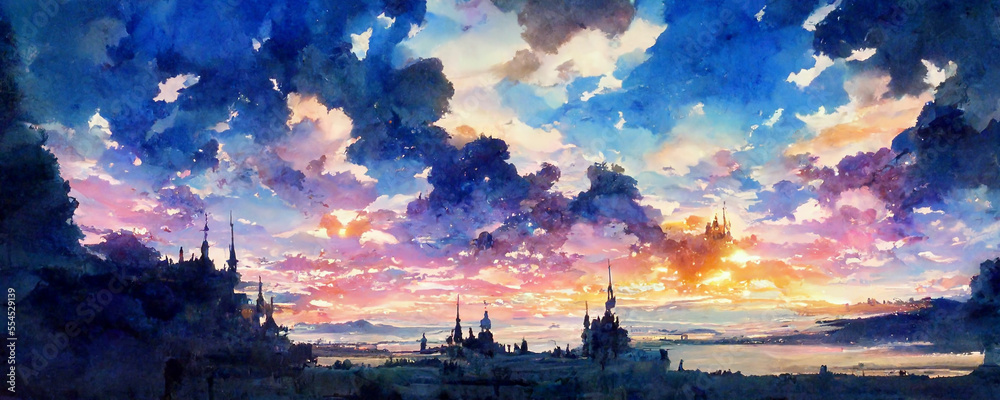 幻想的な水彩画1,美しい空と雲,グラデーション の Stock イラスト