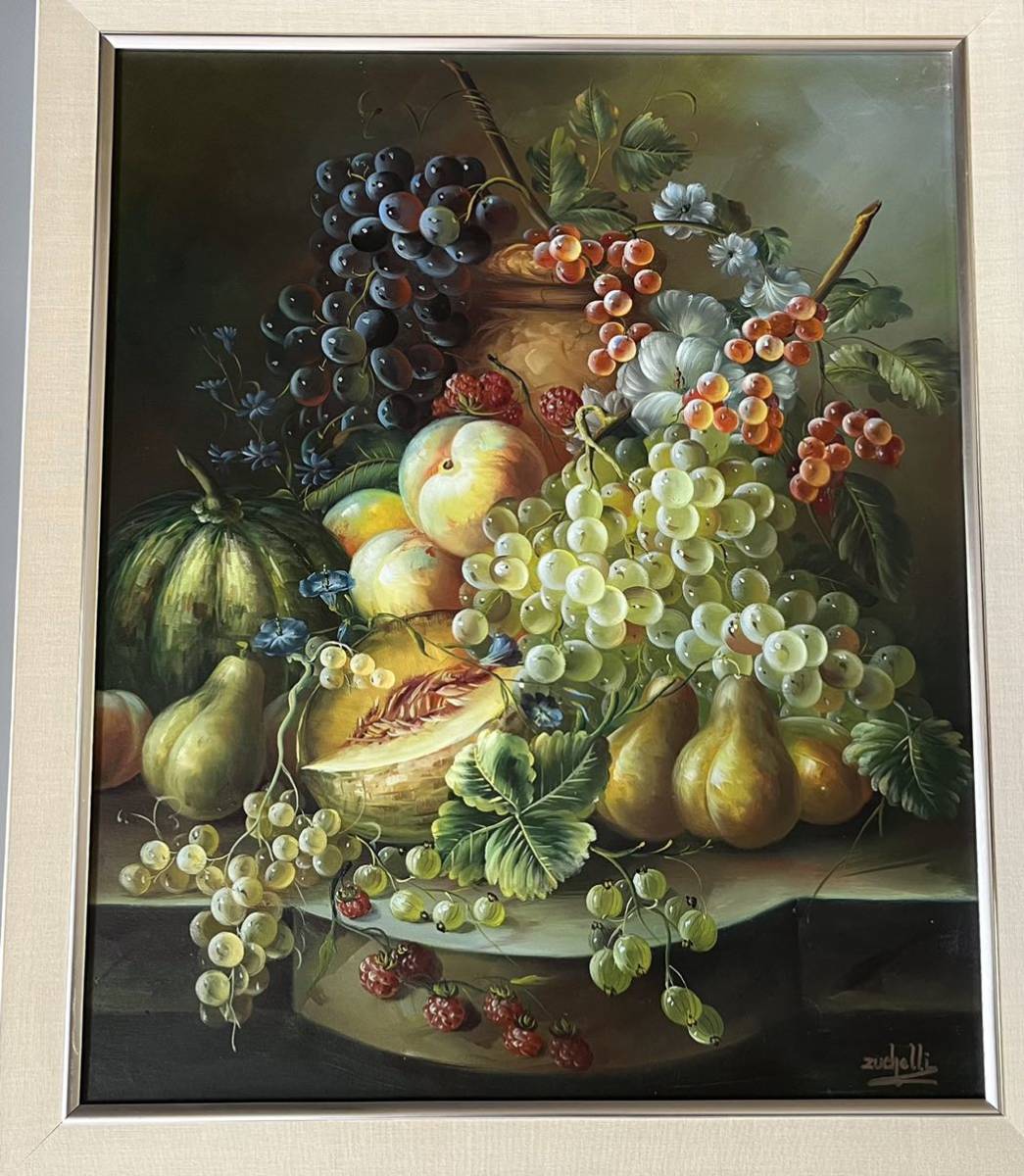 メルカリ絵画絵額付き (白）油絵uF6-061604静物 果物ポット