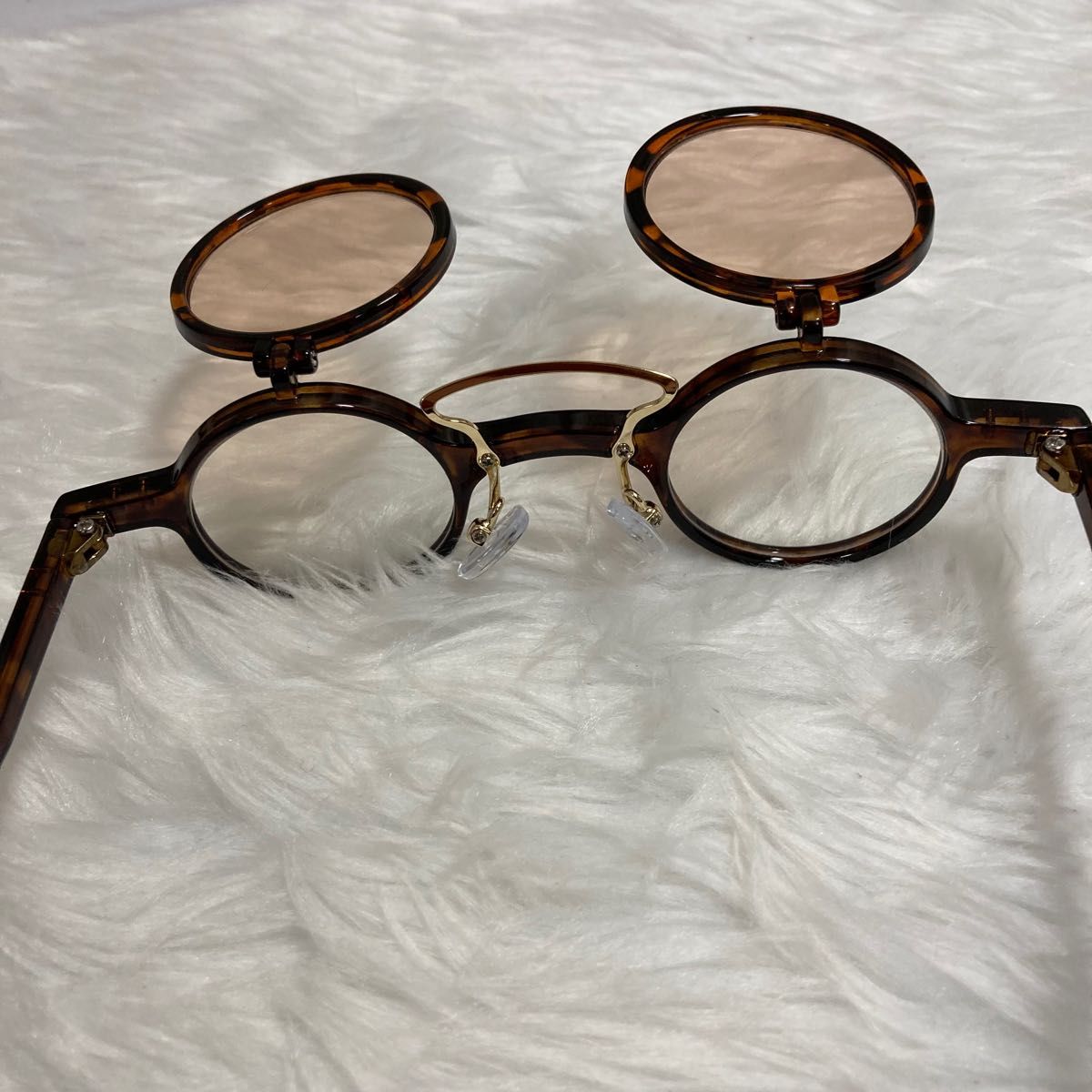 69丸メガネ眼鏡サングラス跳ね上げ式レトロ緑ゴールド個性的めがね