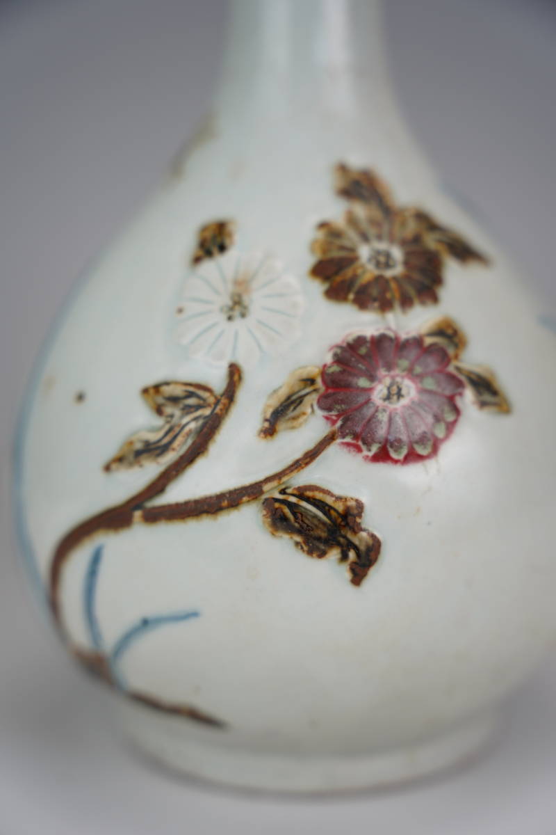 韓国美術李朝時代李朝白磁陽刻竹梅文鶴首瓶花器花瓶朝鮮古陶磁