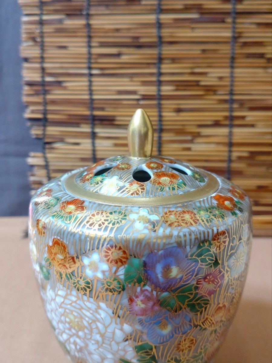 香炉 九谷焼 真山 色絵金彩 花詰 香炉 共箱 /茶道具 香道具 仏具 置物