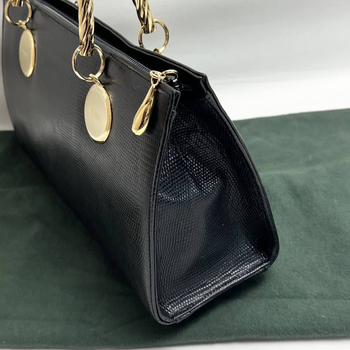 高級】銀座WAKO ワコウ ゴールドハンドル リザード型押し 黒 バッグ