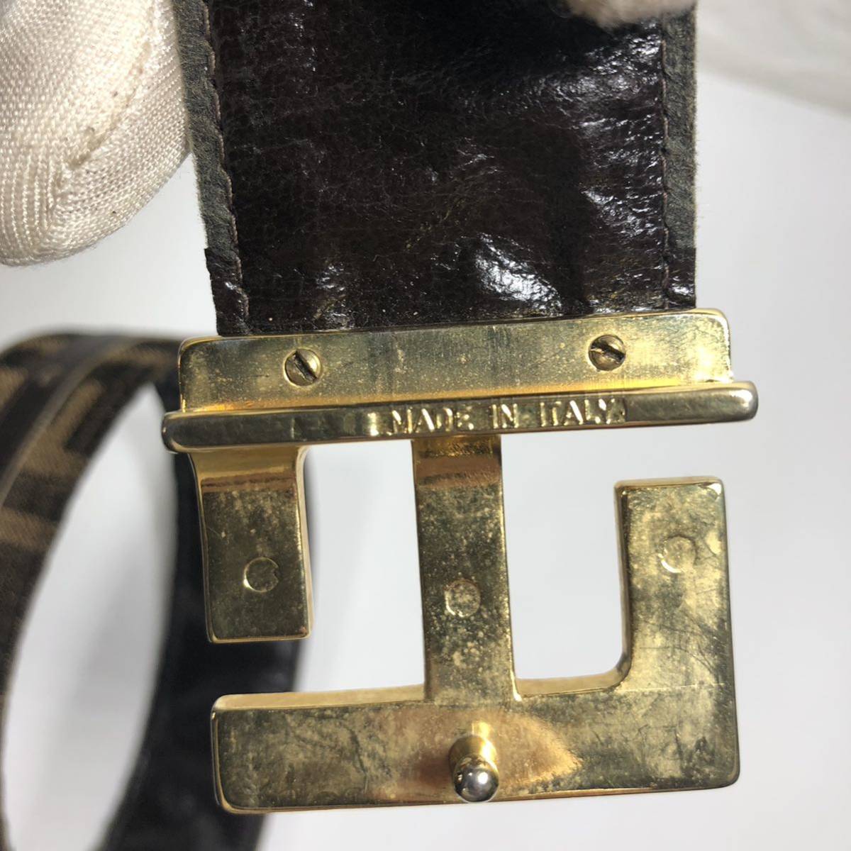 FENDI レザー×キャンバス ベルト ズッカ柄 FF金具 ロゴレザーベルト