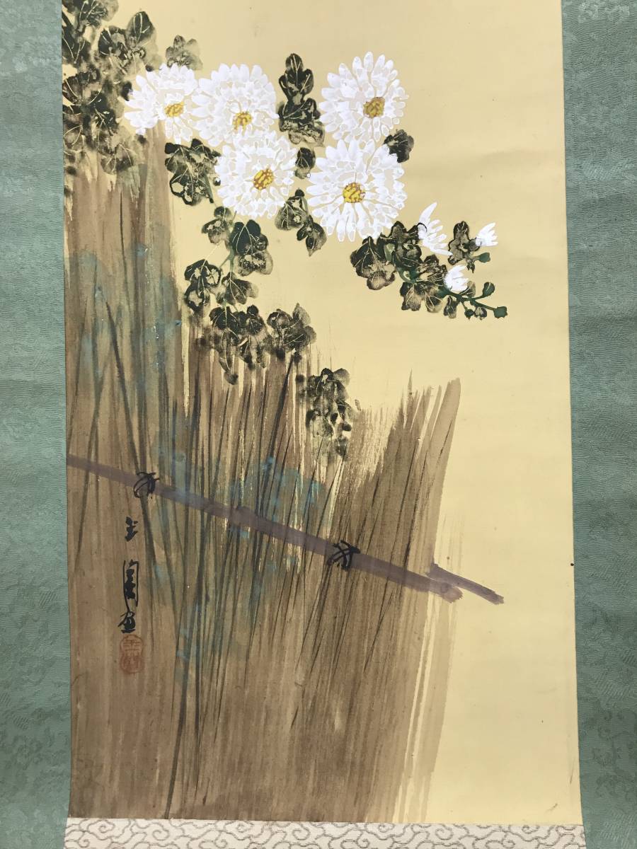 真作】石井柏亭/菊図/花図/菊花図/掛軸/名家伝来/AC-436 真