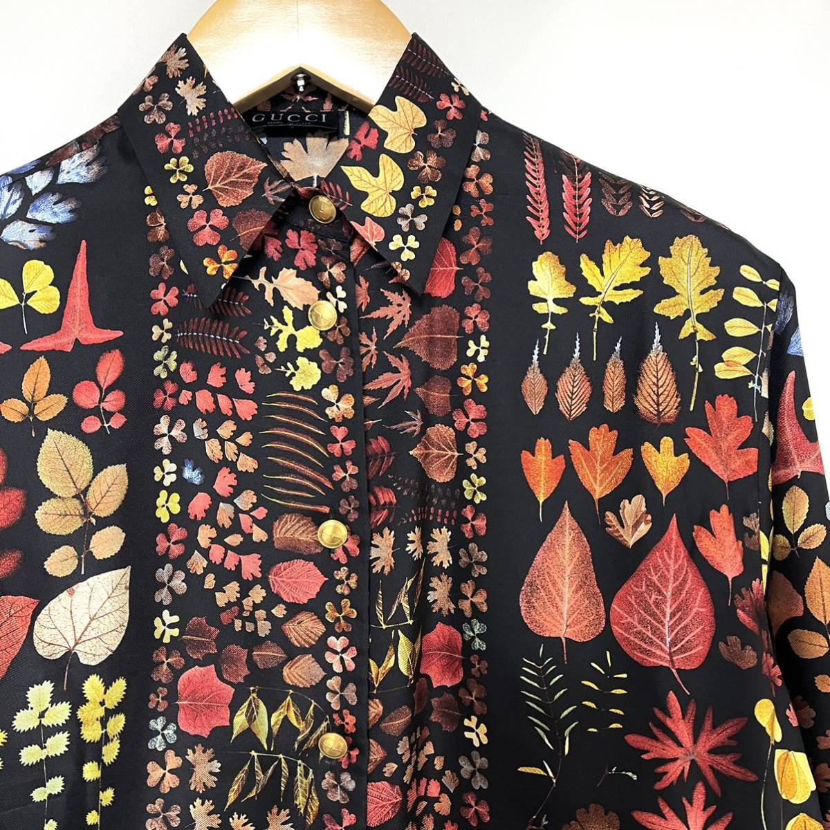 GUCCI グッチ シルク100% シャツ イタリア製 落ち葉 枯葉 葉っぱ