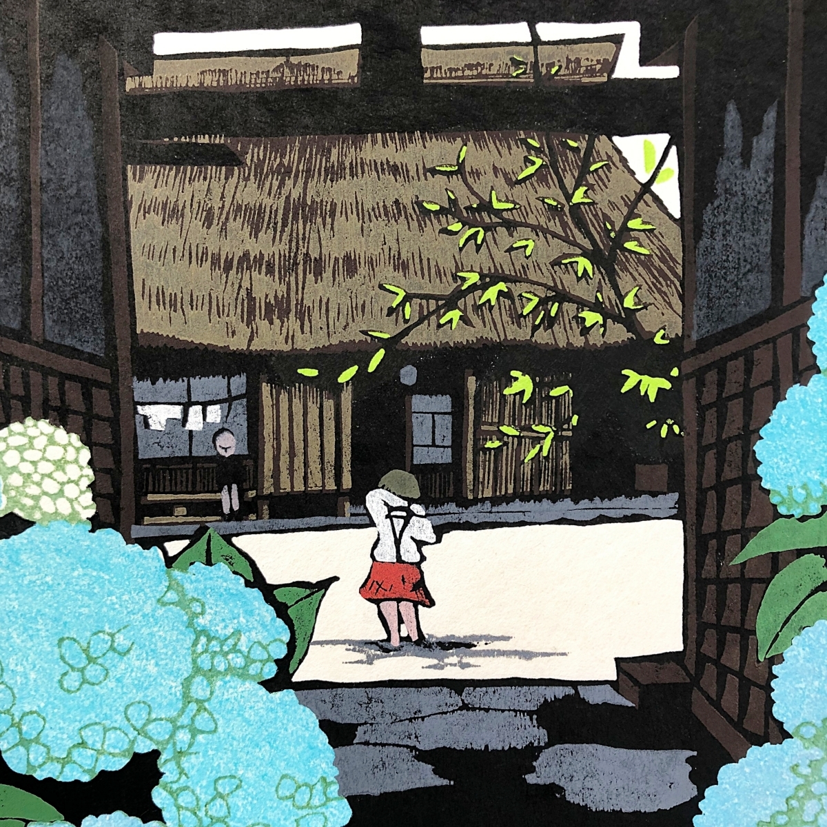 海野光弘 版画『雪映の白馬』 1976年6月制作 ガラスケース額縁入り 一