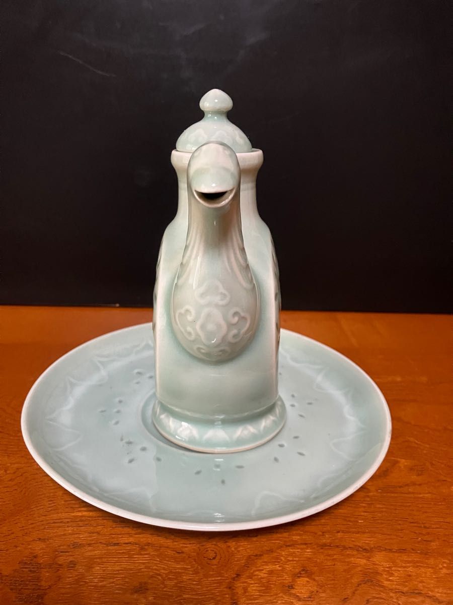 未使用】中国陶器 青磁 鳳凰陽刻 酒器セット 水注 盃 盆 7点セット 箱