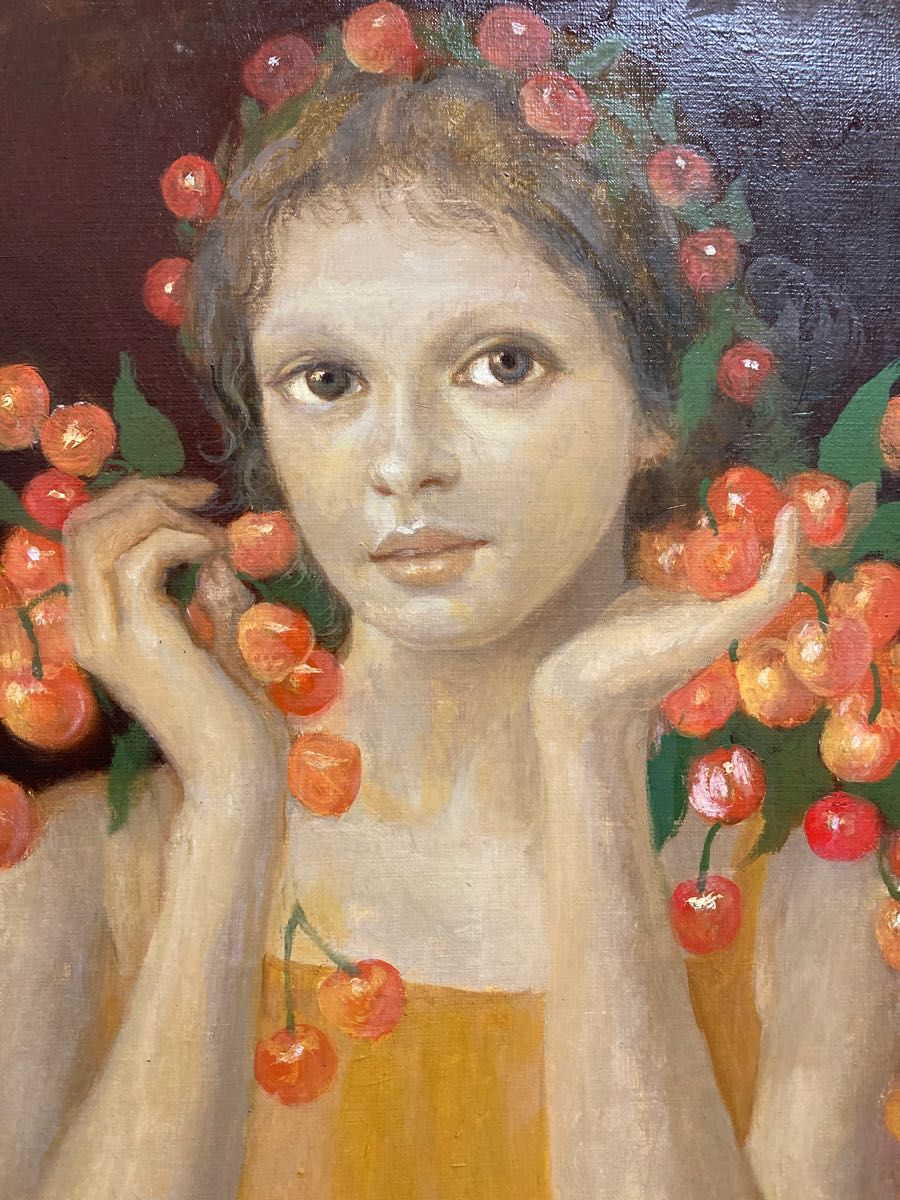 真作保証】芝田米三「収穫」油彩6号 直筆サイン 裏書き 額装 絵画 美人