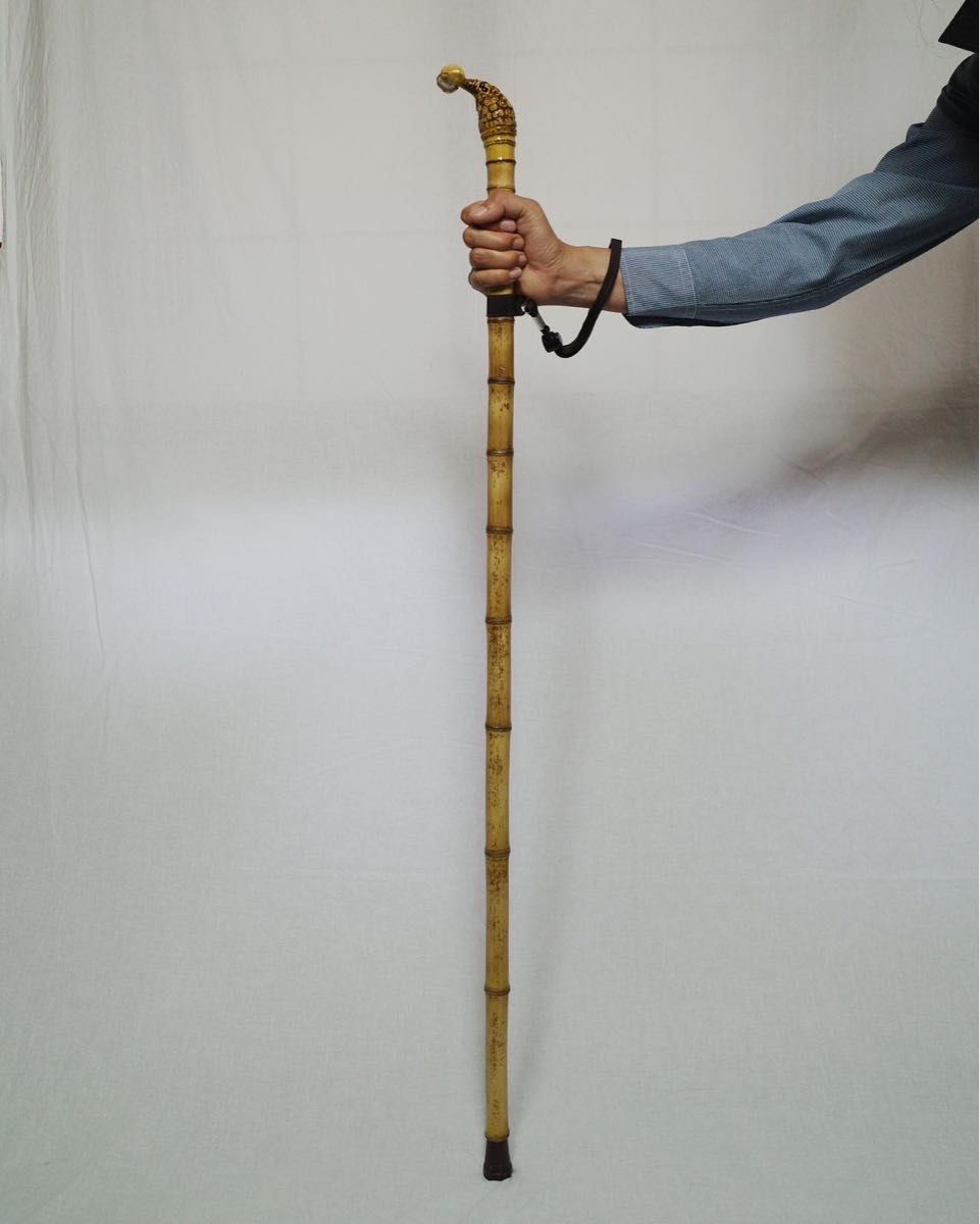 竹杖④_根頭曲がり 竹根鞭細工 漆塗り ねぶち 希少 国産 破竹根付