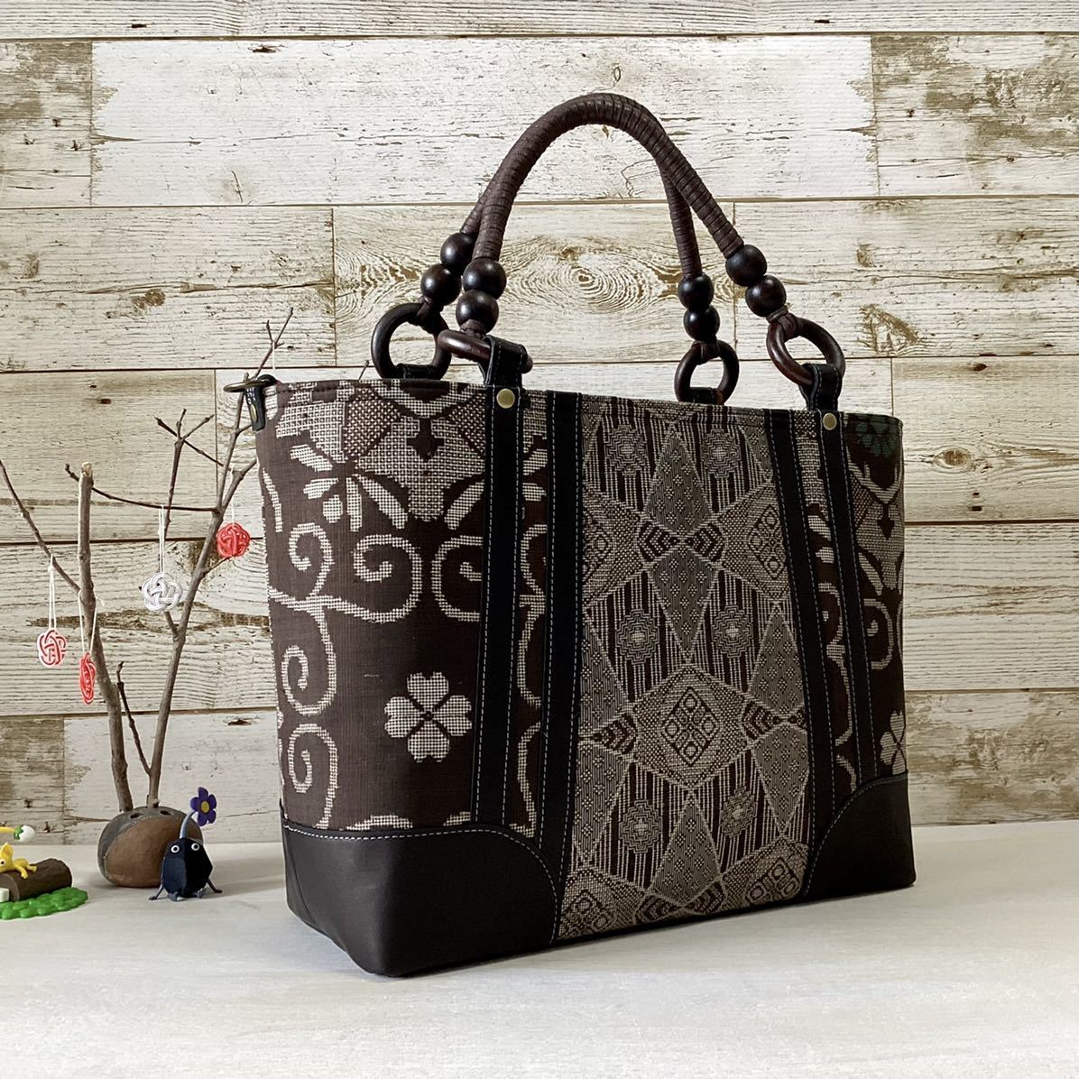 泥大島紬 × 本革 着物リメイク 大きめ トートバッグ 和装バッグ