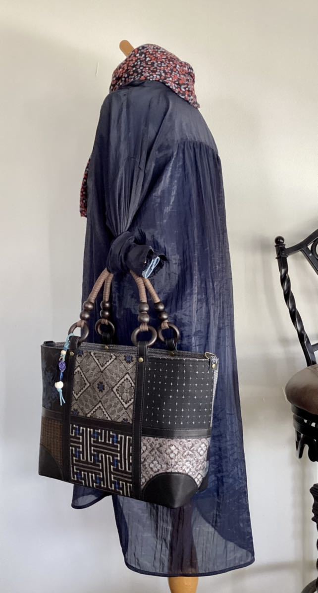 大島紬 × 本革 着物リメイク 大きめ トートバッグ 手提げ 和装バッグ