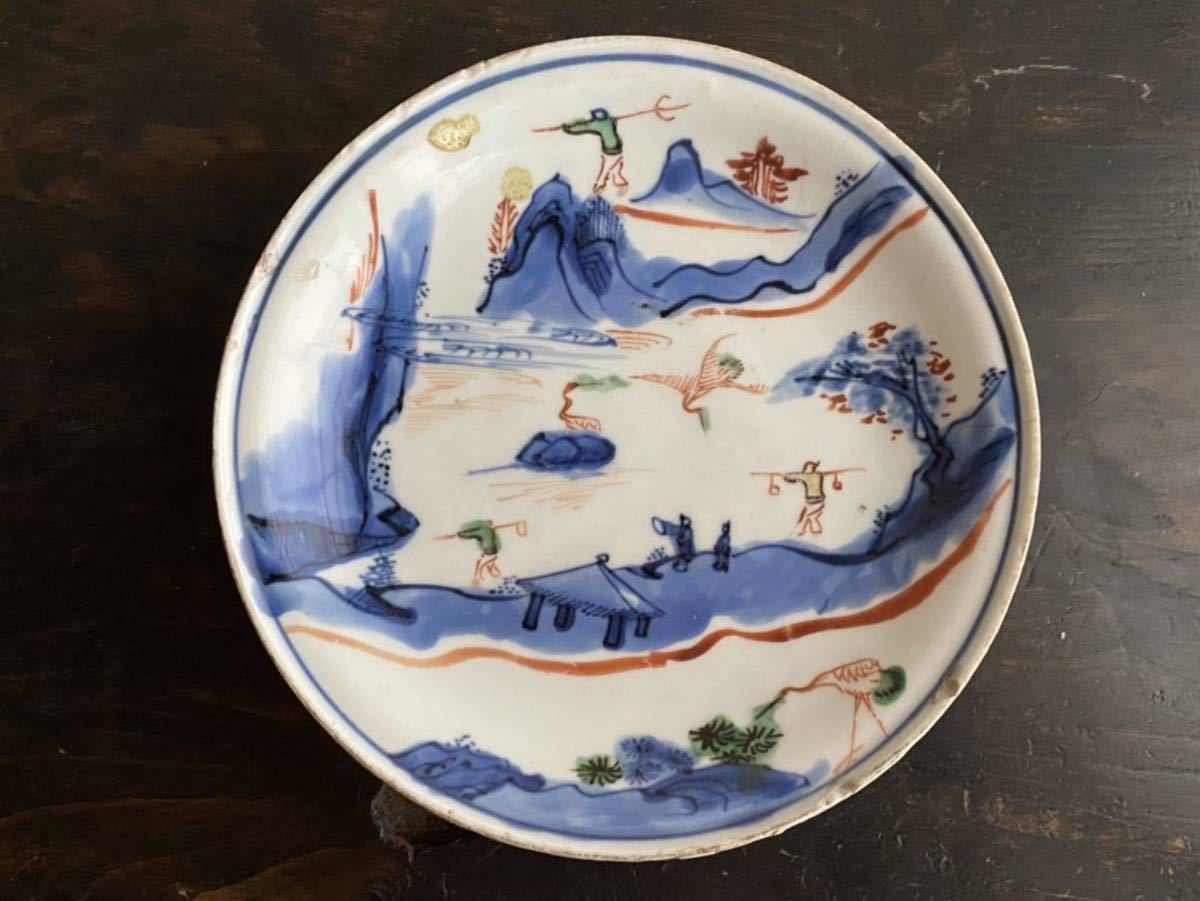 中国古玩 大清成化年 取皿 山水人物図 染付青磁 五客セット 中国古玩
