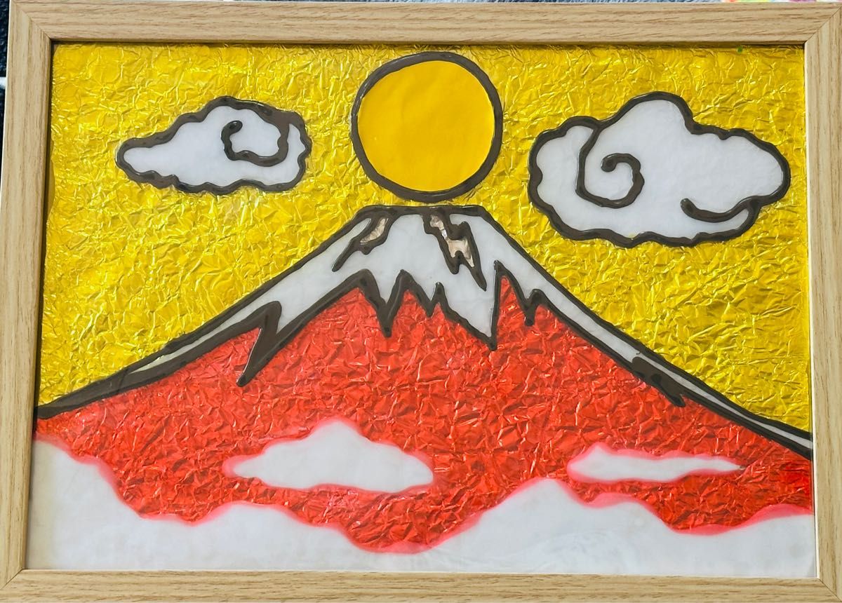 幸運の赤富士開運金運ハンドメイドステンドグラスガラス絵の具