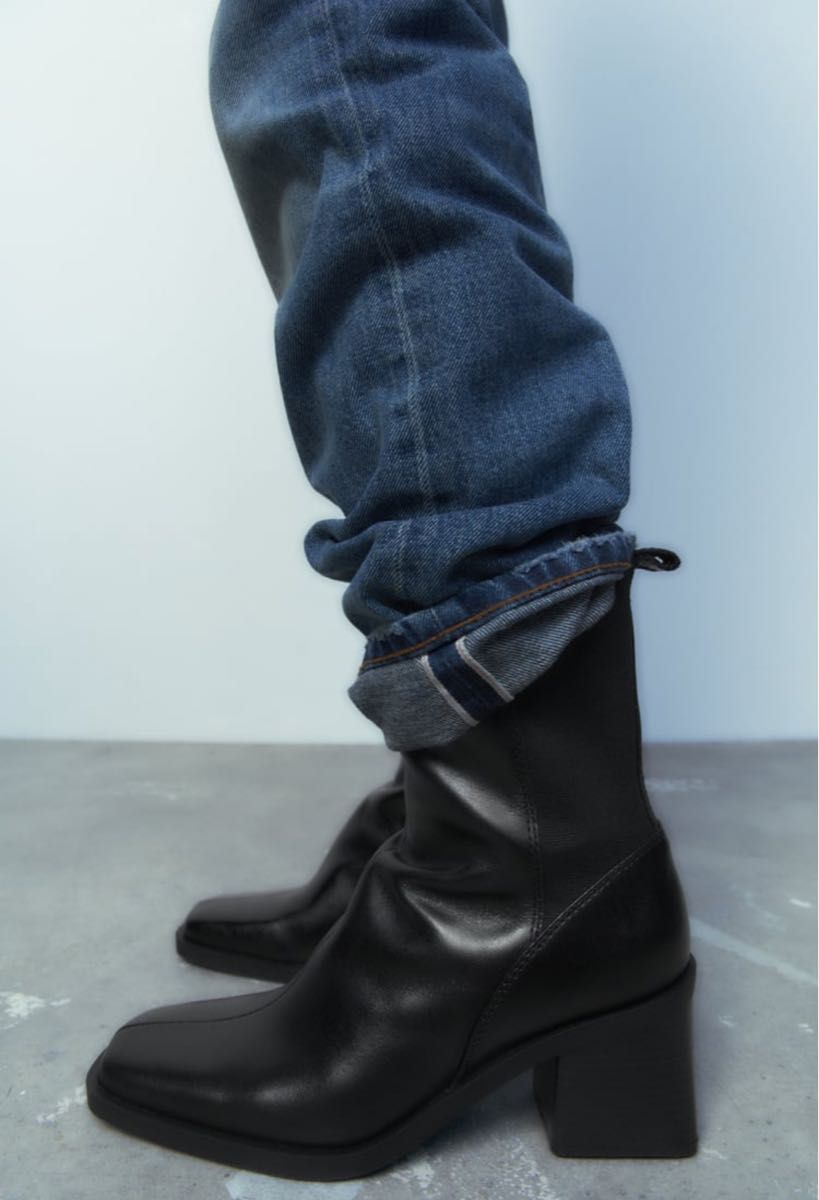 新品】ZARA ブロックヒールレザーショートブーツ 35 スクエアトゥ