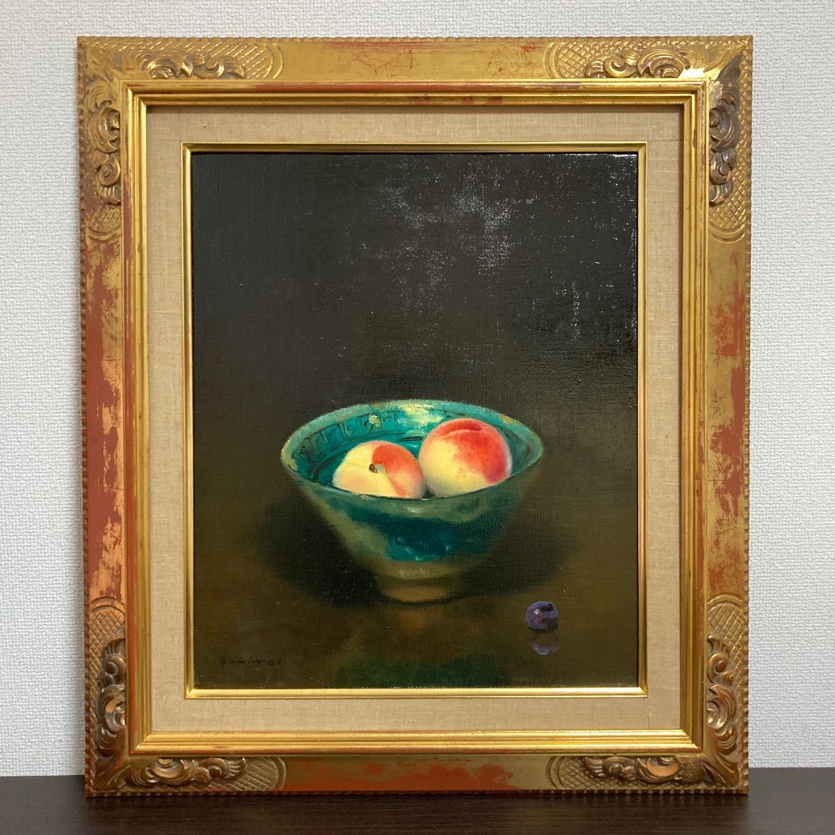 真作保証】五味悌四郎「ペルシヤ鉢の桃」油彩8号 直筆サイン 真筆 額装