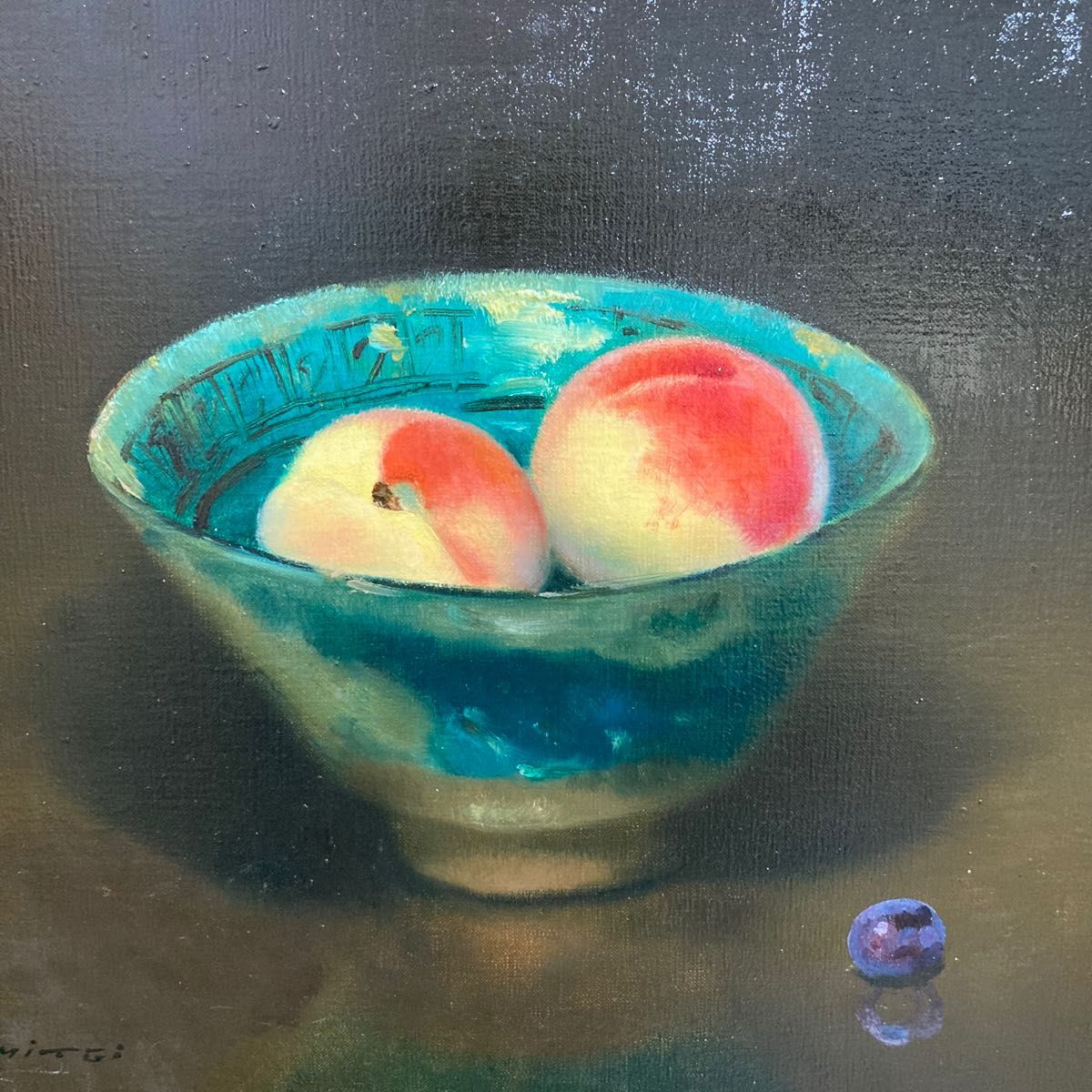 真作保証】五味悌四郎「ペルシヤ鉢の桃」油彩8号 直筆サイン 真筆 額装