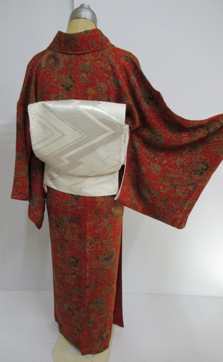 縮緬＠袷＠正絹小紋着物＠更紗模様＠草花文様＠濃い赤系＠157cm＠更紗