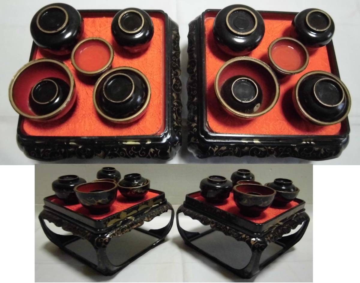 雛道具 御掛盤膳揃 40号 唐草花盛上蒔絵 箱入り お膳一対 菱台一対 高