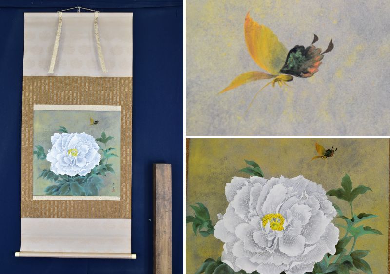 真作/秀峯/牡丹図//掛軸☆宝船☆AB-72