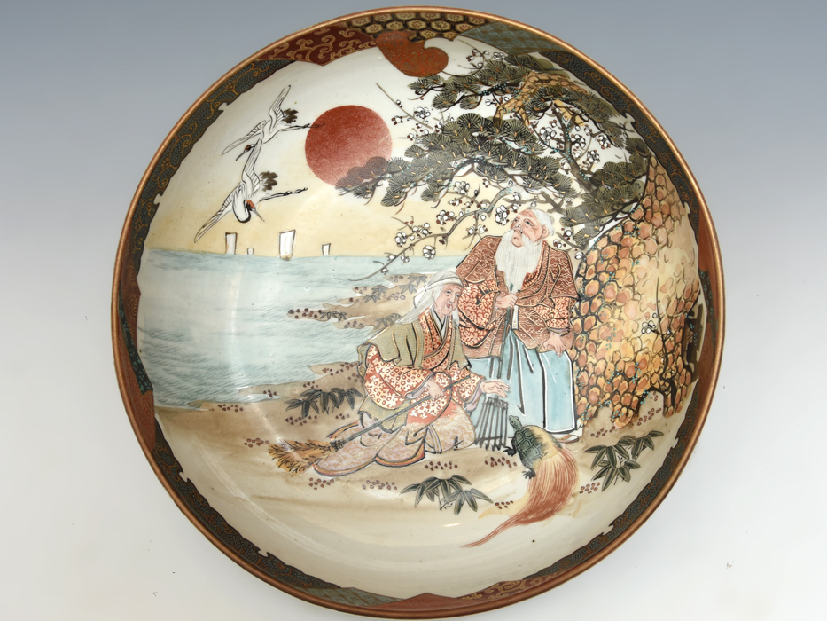 2428 九谷焼 金彩赤絵 人物翔鶴風景図 鉢 3客 時代物 【公式通販】