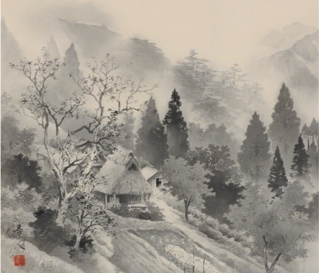 掛軸》松生春山人 水墨山水図 共箱 二重箱 日本画 日本画